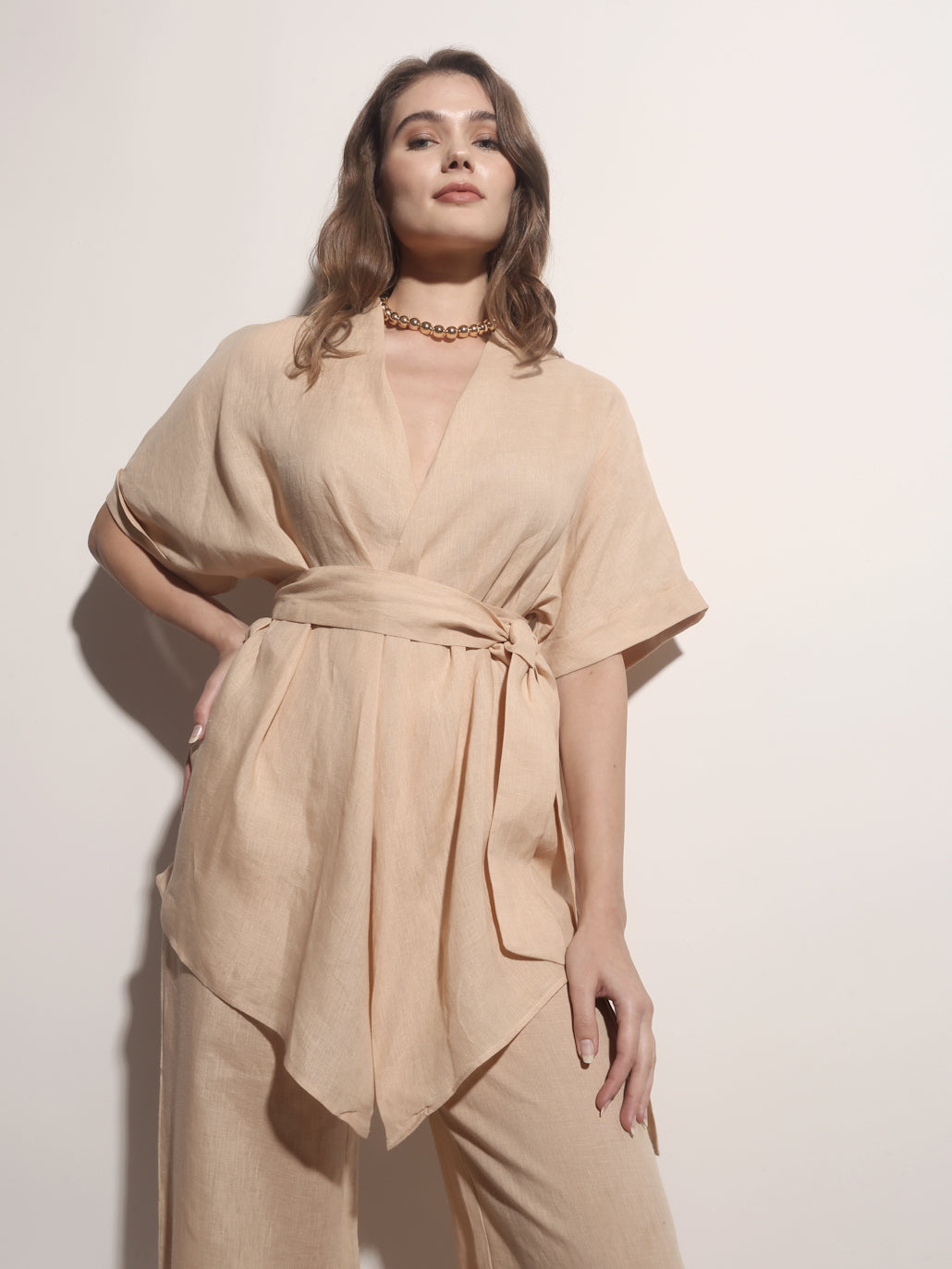 Two Piece Linen Blend Striped Kimono Set