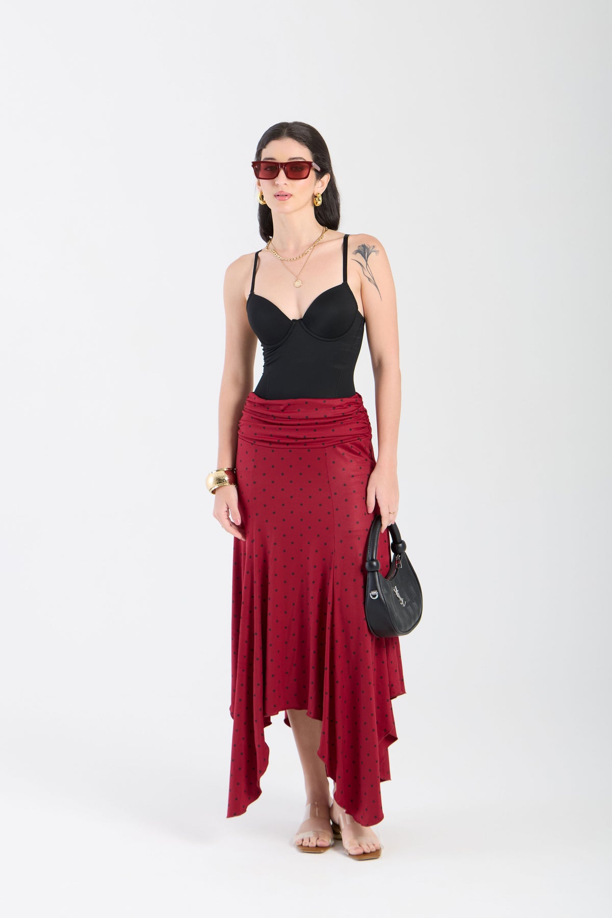 Bordeaux Polka Dot Drapé Skirt -PREORDER