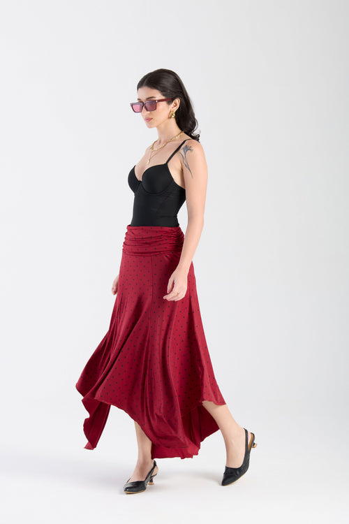 Bordeaux Polka Dot Drapé Skirt -PREORDER