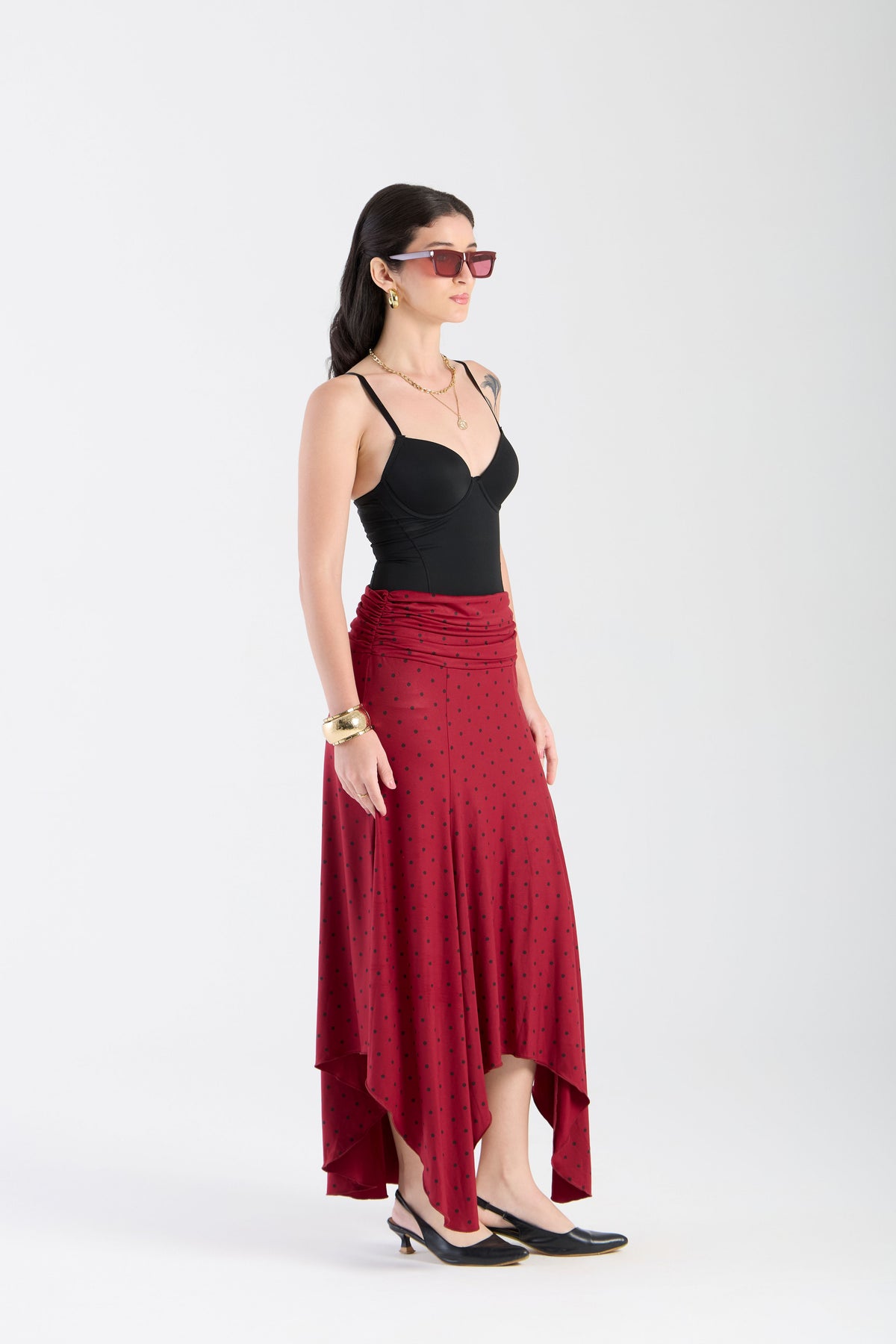 Bordeaux Polka Dot Drapé Skirt -PREORDER