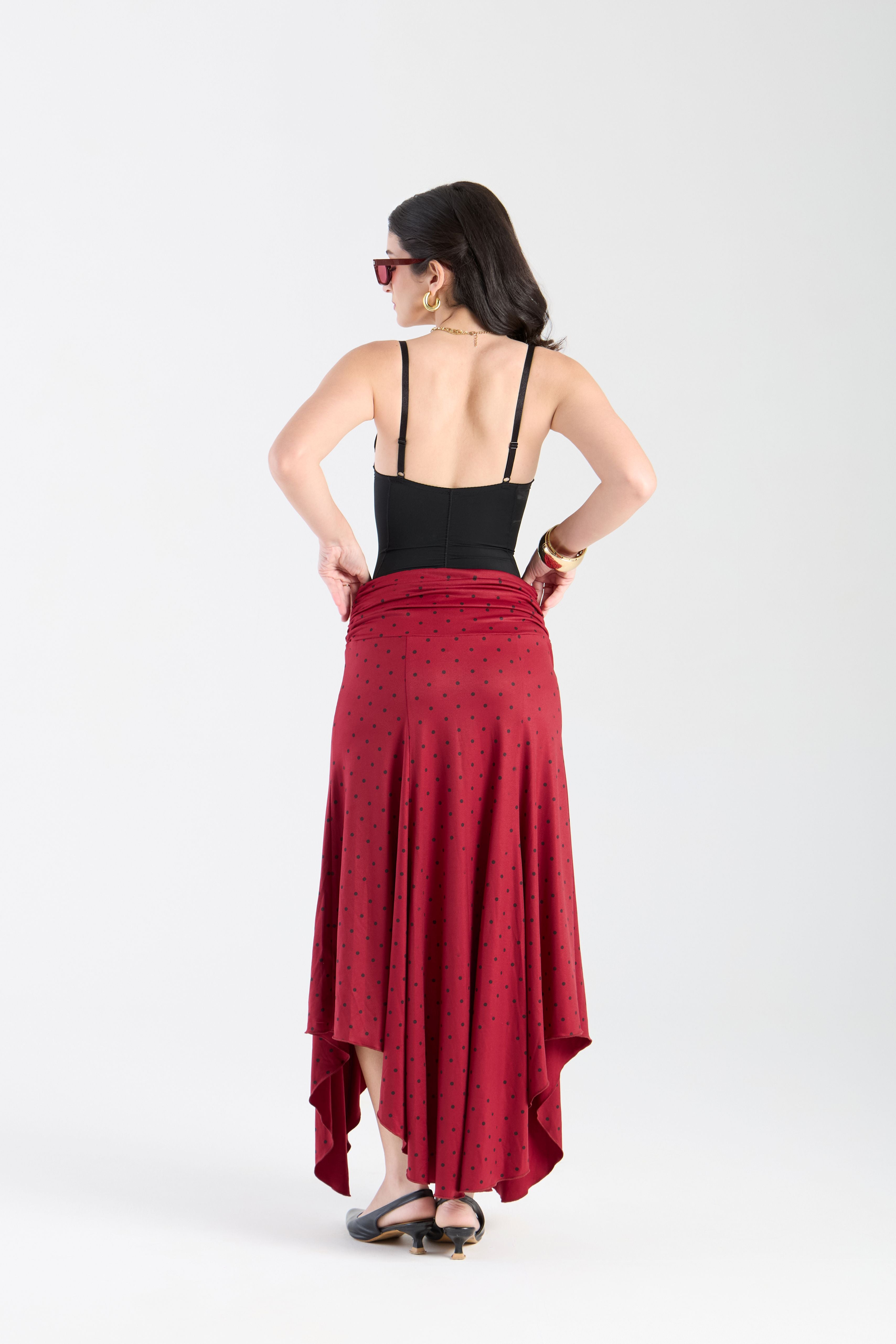 Bordeaux Polka Dot Drapé Skirt -PREORDER