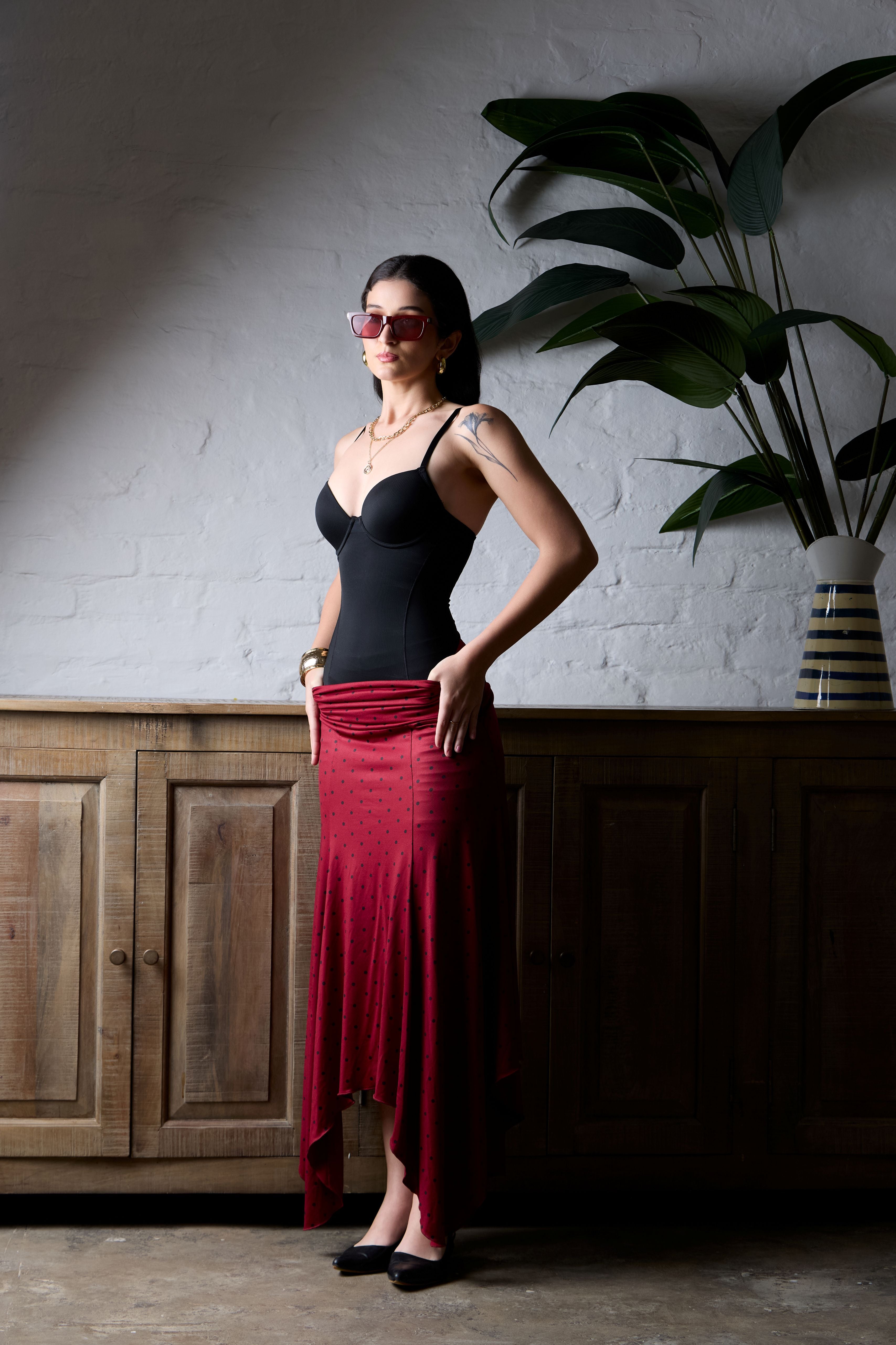 Bordeaux Polka Dot Drapé Skirt -PREORDER