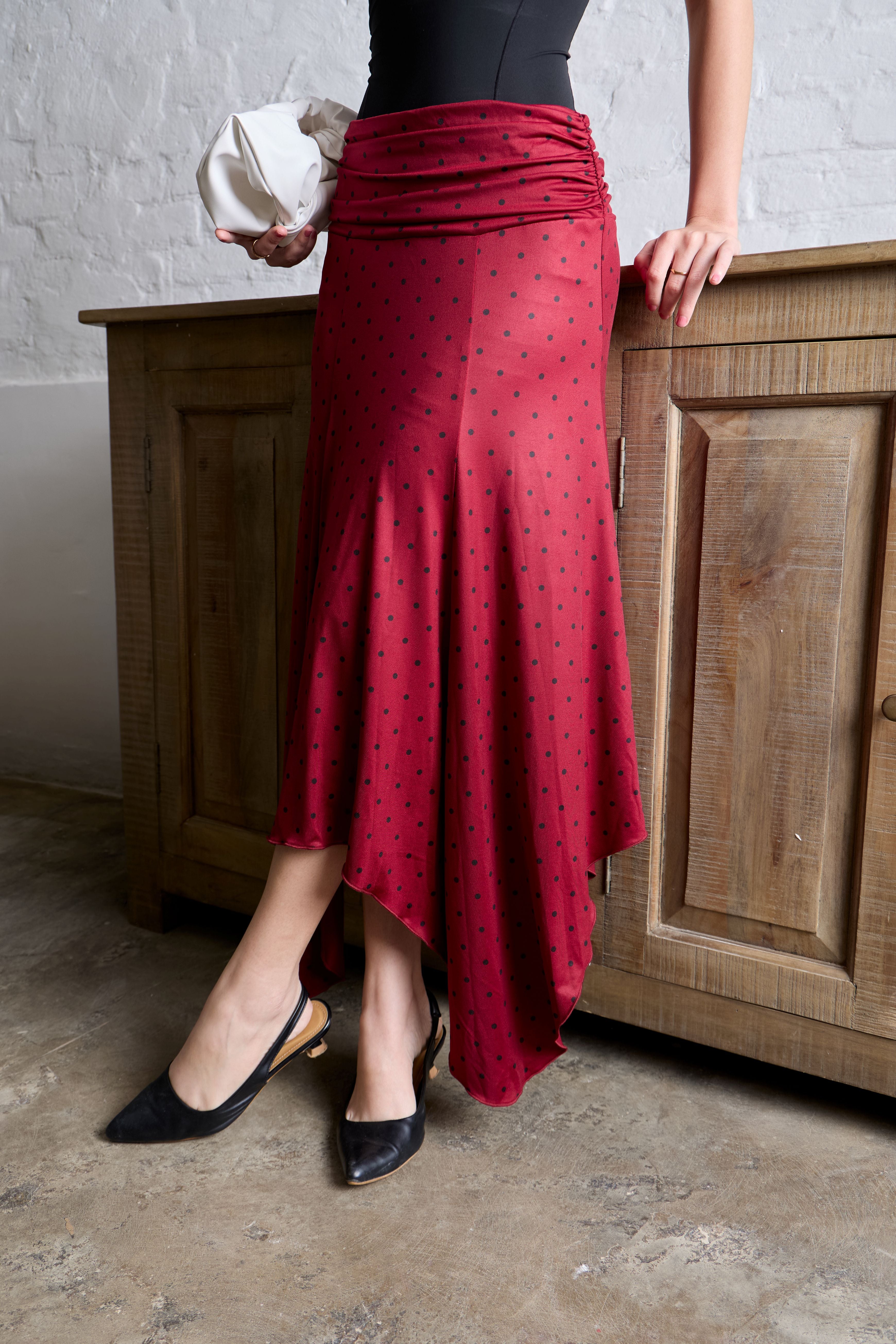Bordeaux Polka Dot Drapé Skirt -PREORDER