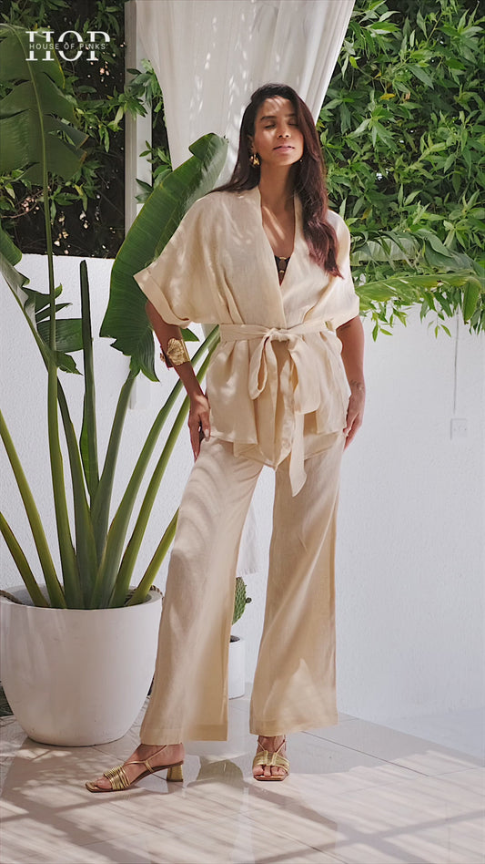 Capri Breeze Linen Kimono set - Caramel